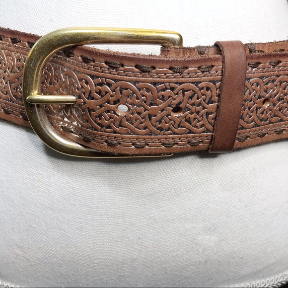 VINTAGE Brown with silver foil wide belt brass buckle - Picture 5 of 7